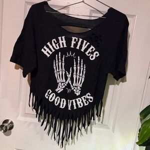 Black Fringe Tee with Skeleton Hands Graphic